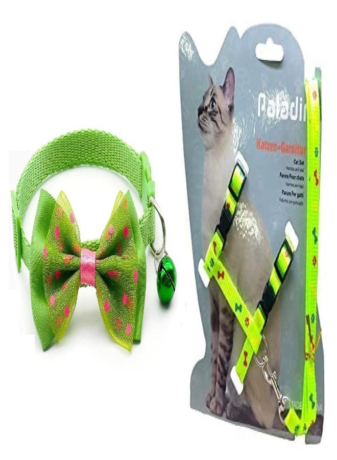 Pups&Pets Cat Collars with Bow Tie and Bell 1Pc Cat Body Paw n Bone Print Harness Leash Nylon Set 10mm Adjustable Puppy Kitten Pack of 2 (Green Color) - Image 1